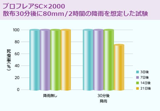 ブロフレアSC×2000 散布30分後に80mm/2時間の降雨を想定した試験